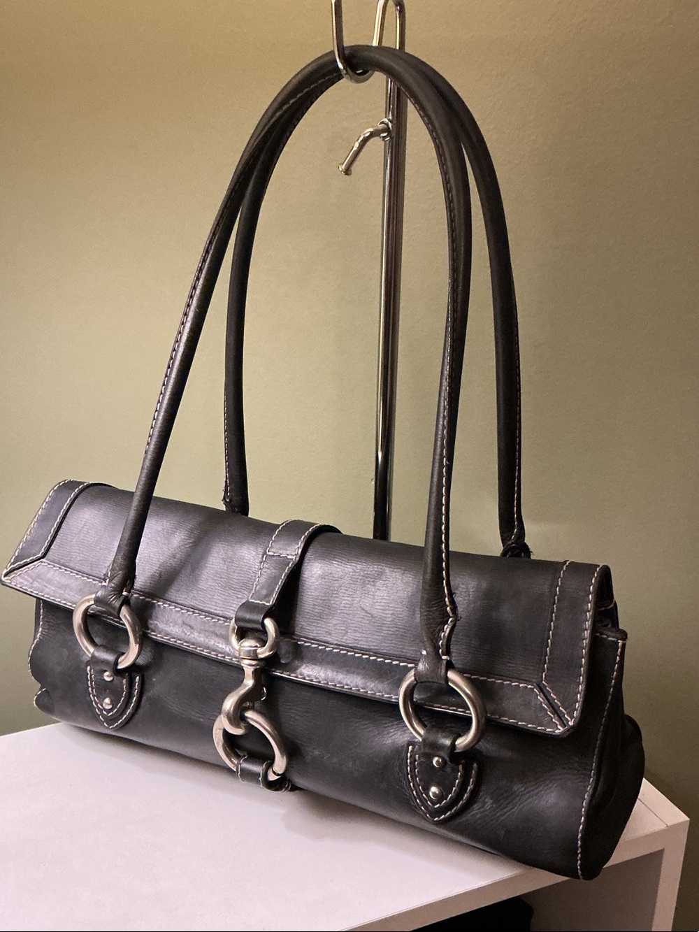 Marc Jacobs Vintage Black Leather Double-Handle Shoulder Bag Pink Stitching